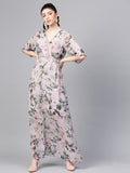 SASSAFRAS Taupe & Green Floral Printed Maxi Dress