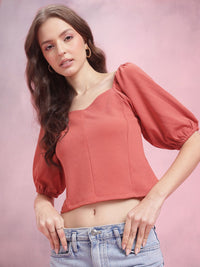 DressBerry Sweetheart Neck Puff Sleeve Textured Paneled Top