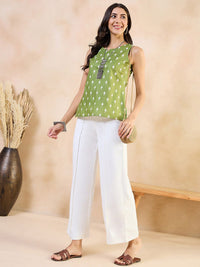 Anouk  Print Cotton Green Geometric Printed Sleeveless Top