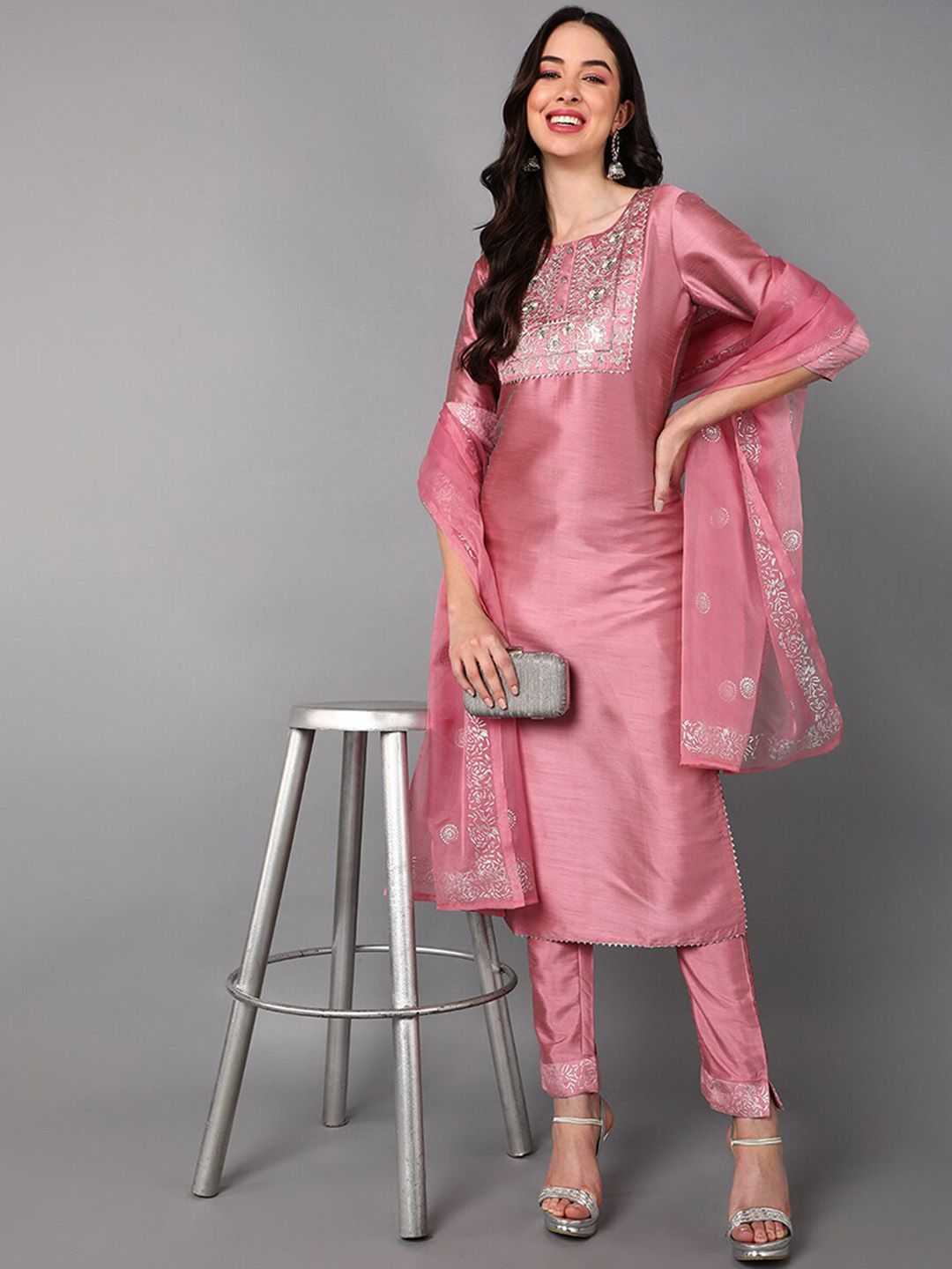 KALINI Floral Yoke Designed Regular Kurta With Trousers & Dupatta