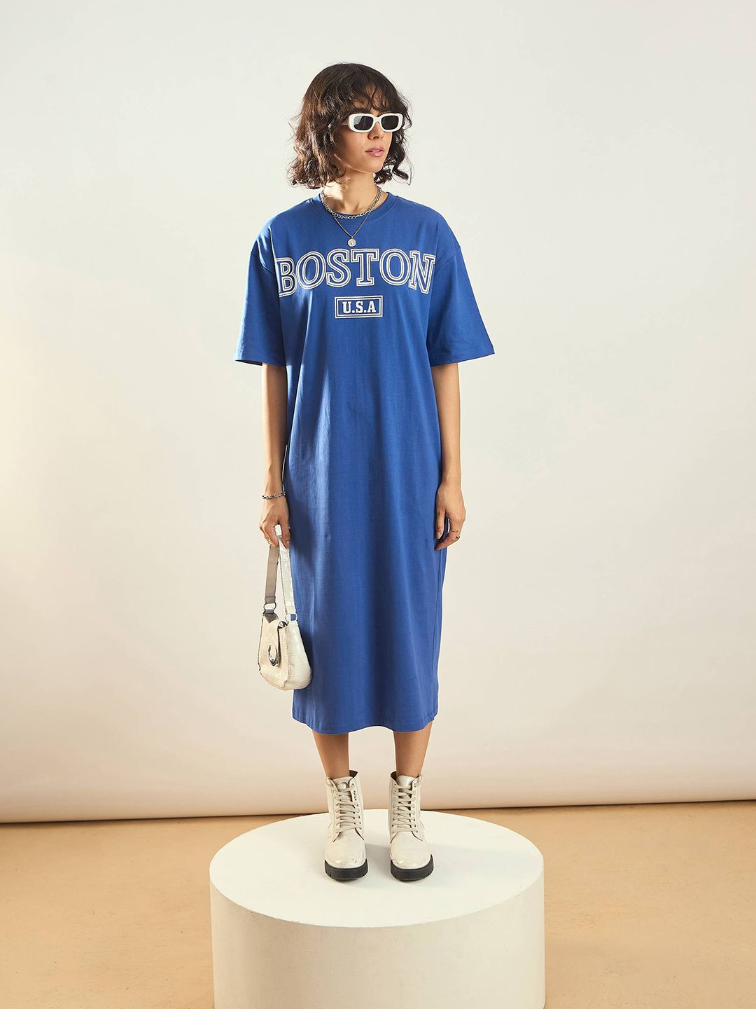 SASSAFRAS Blue Typographic Printed Pure Cotton Oversized T-shirt Dress