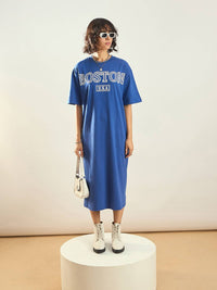 SASSAFRAS Blue Typographic Printed Pure Cotton Oversized T-shirt Dress