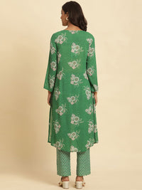 W Green Floral Printed Keyhole Neck Kurta