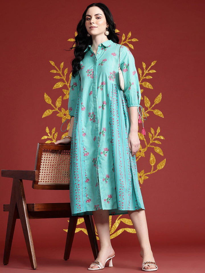 Anouk Floral Print Pleated Tasseled Shirt Collar Pure Cotton Ethnic Dress