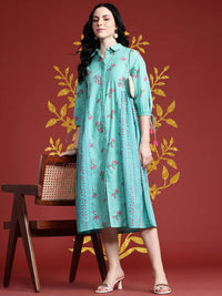 Anouk Floral Print Pleated Tasseled Shirt Collar Pure Cotton Ethnic Dress