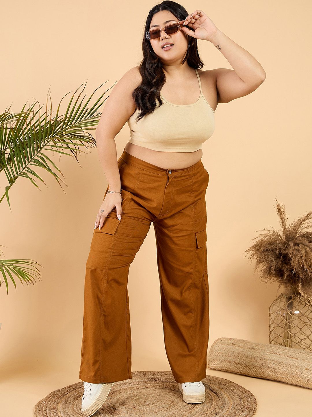 CURVY STREET Women Plus Size Brown Loose Fit Mid-Rise Plain Wide Leg Cotton Trousers