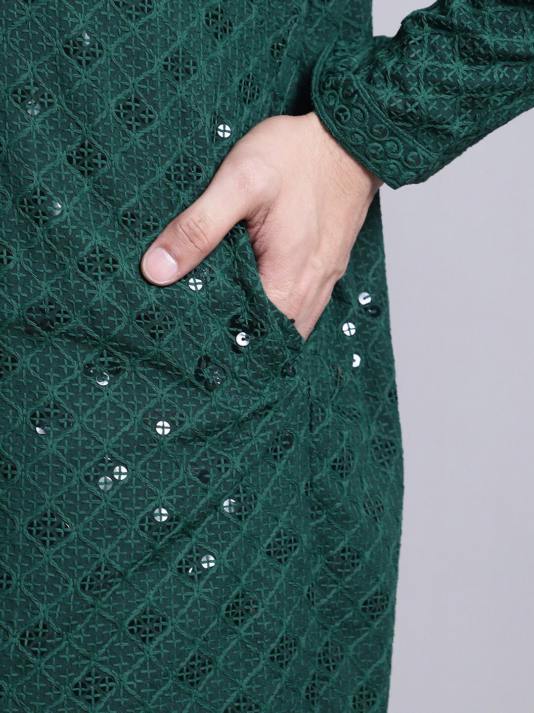 SOJANYA Embellished Mandarin Collar Sequinned Pure Cotton Kurta