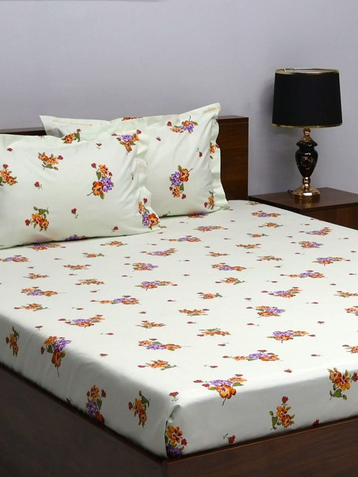 BOMBAY DYEING Green & Magenta Floral Pure Cotton 164 TC Queen Bedsheet With 2 Pillow Covers