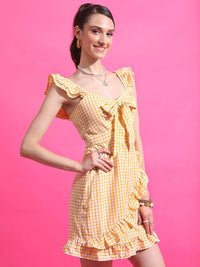 Tokyo Talkies Mustard Checked Cut-Out Smocked Bow  Fit & Flare Dress