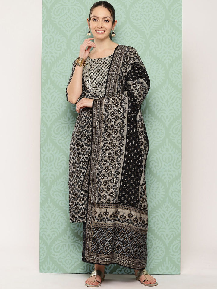 Libas Ethnic Motifs Printed Thread Work Detail Straight Kurta with Trousers & Dupatta