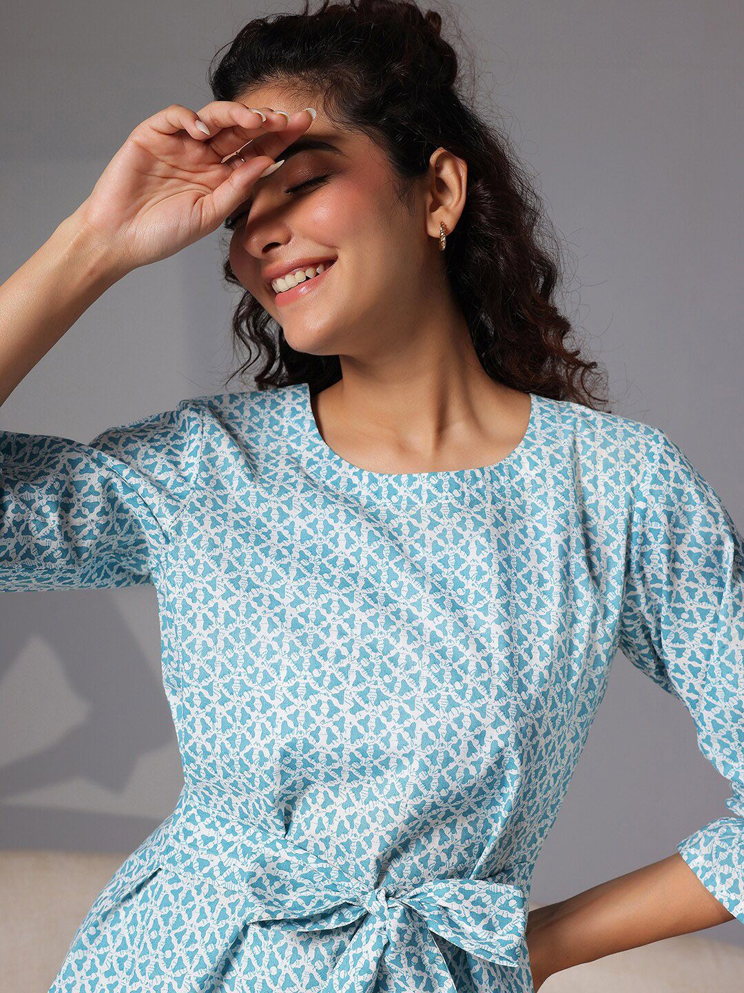 Libas Floral Geometric Printed Pure Cotton Bell Sleeves Tie Up Night Suit