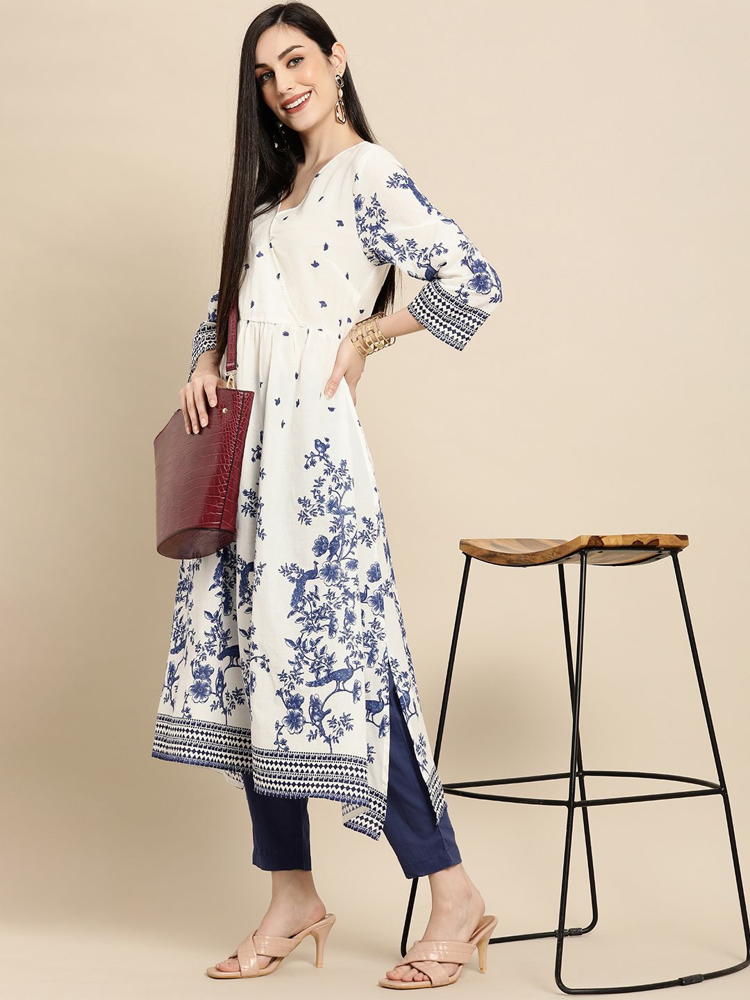 Anouk Women White Ethnic Motifs Printed Pleated Pure Cotton Kurta with Trousers