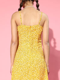 Berrylush Yellow & White Floral Crepe A-Line Midi Dress