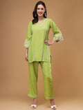 Bani Women Floral Embroidered V-Neck Lace Top & Flared Trouser