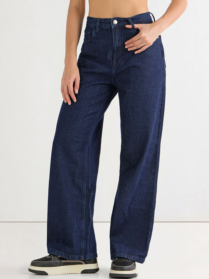 Bewakoof Women Blue Baggy Wide Leg Clean Look Cotton Jeans