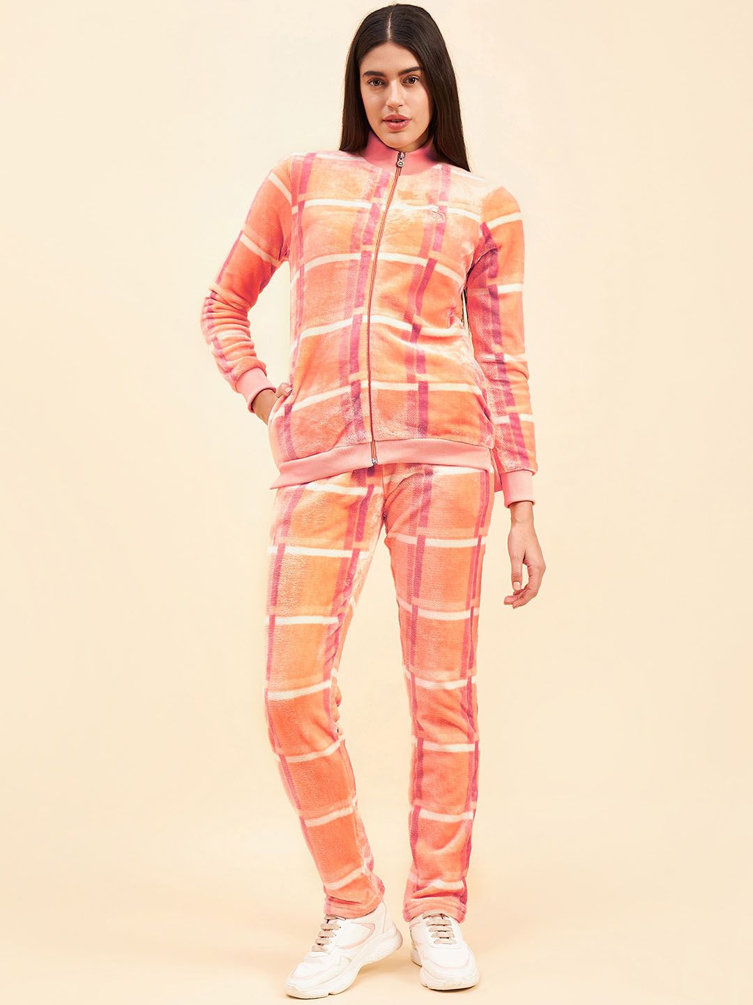 Sweet Dreams Women Peach-Coloured Checked Mock Collar Tracksuit