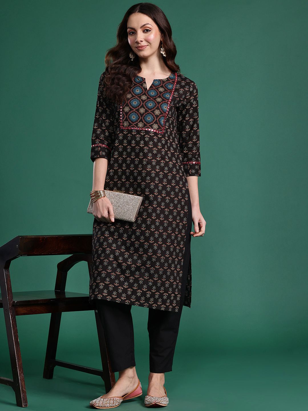 Indo Era Women Floral Printed Mirror Work Pure Cotton Kurta
