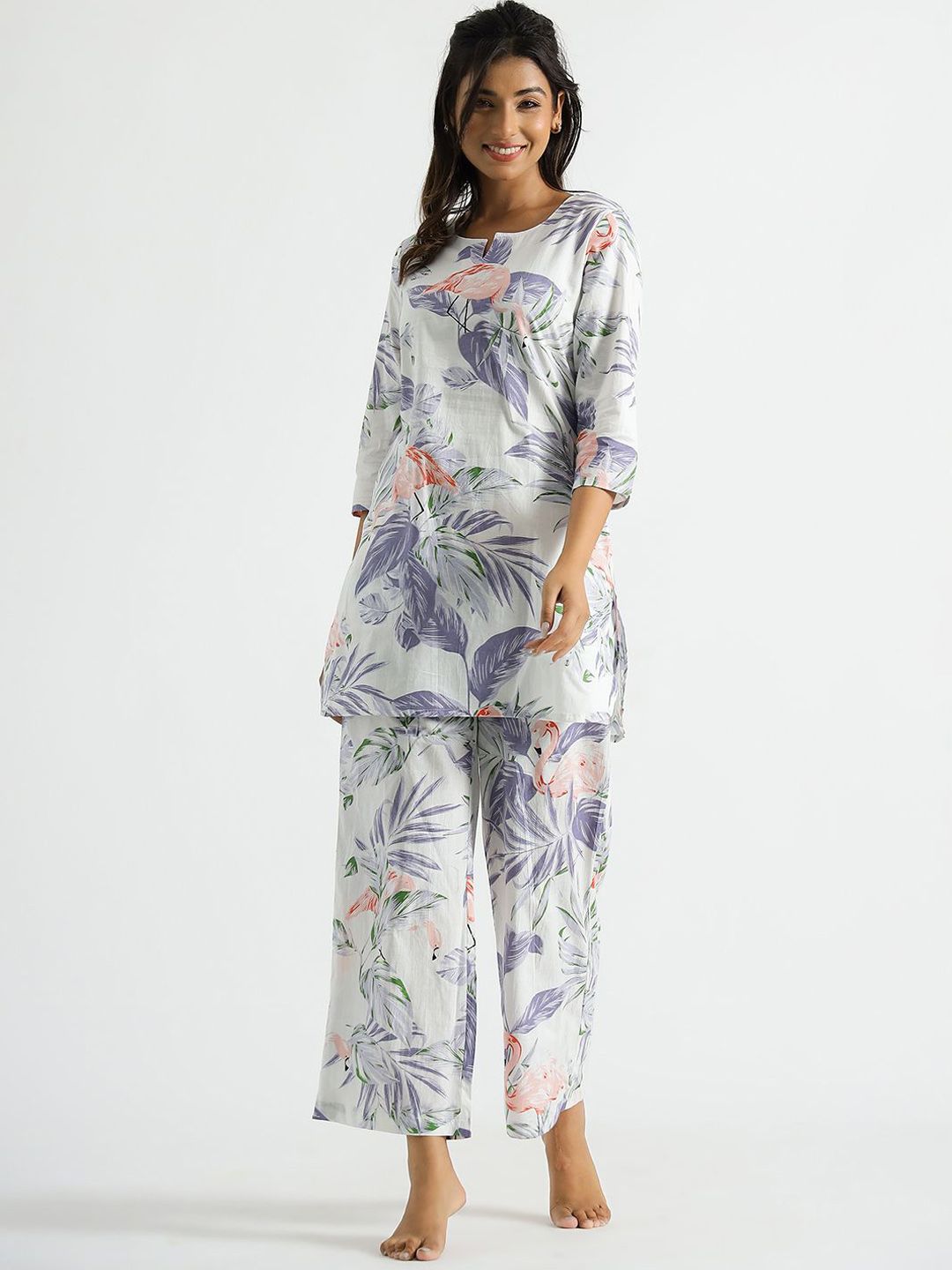Mamicha Printed Pure Cotton Round Neck Top With Trousers Co-Ords Set
