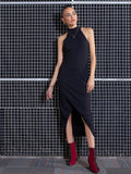SASSAFRAS Black High Neck Sheath Midi Dress