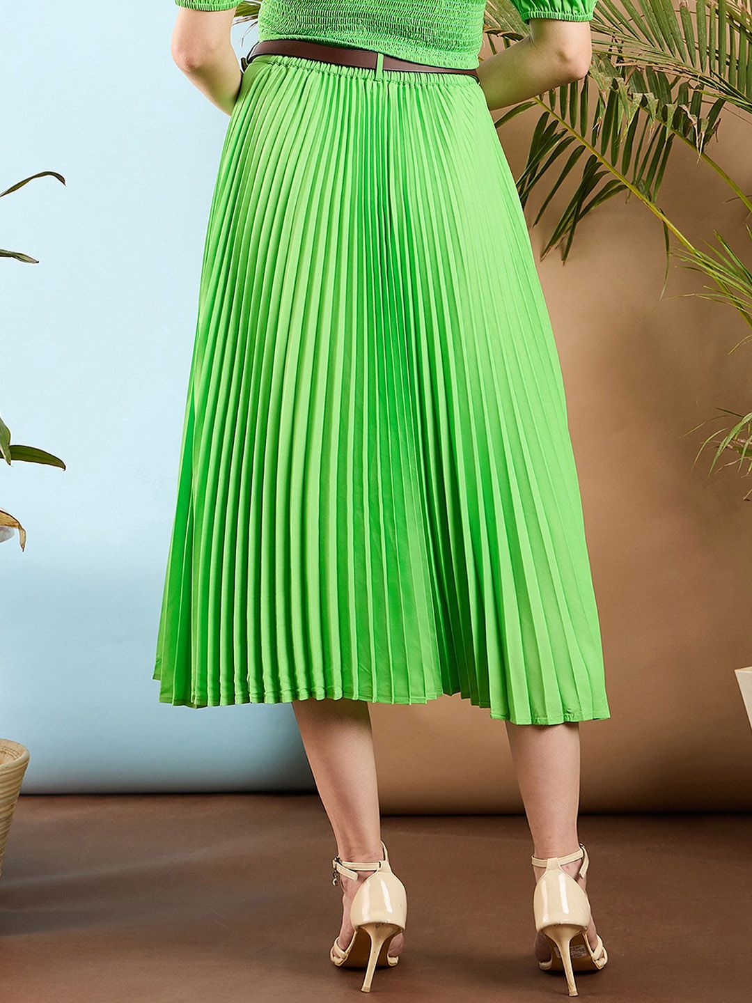 SASSAFRAS Resort Life Green Accordion Pleated Midi Skirt