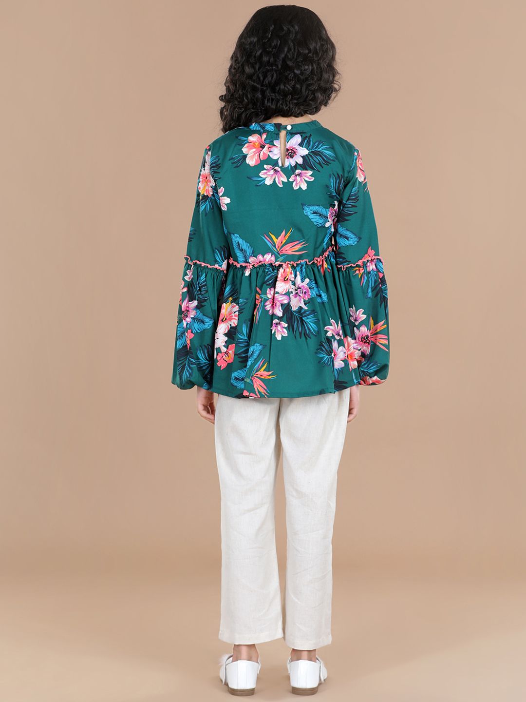 Cutiekins Girls Teal & Off White Floral Top with Palazzos