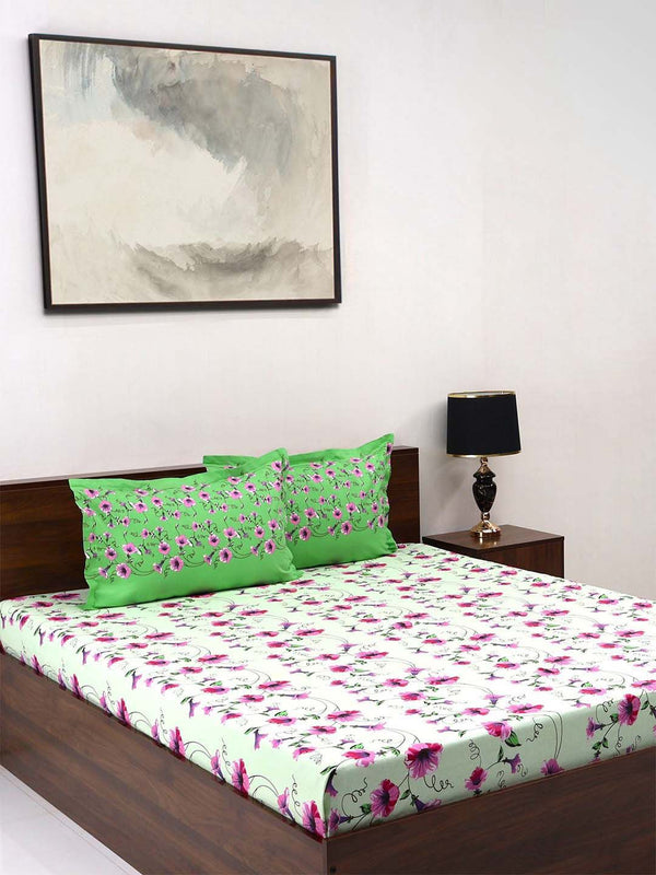 BOMBAY DYEING Aster Green Floral 100 TC Cotton Queen Bedsheet Set-2.24 m X 2.44 m