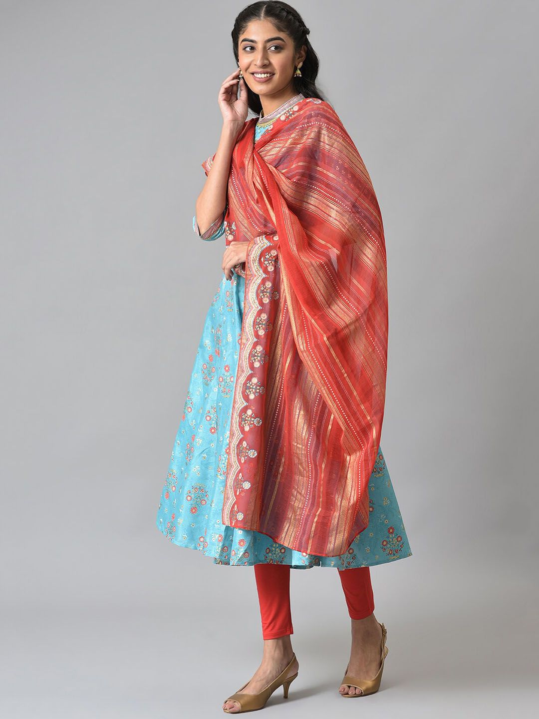 AURELIA Women Blue Ethnic Motifs Printed Panelled Kurta Set