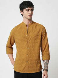 VASTRADO Men Classic Band Collar Textured Slim Fit Casual Shirt