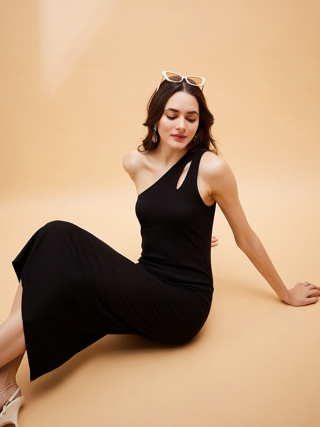 SASSAFRAS BASICS Ribbed One Shoulder Sheath Midi Dress