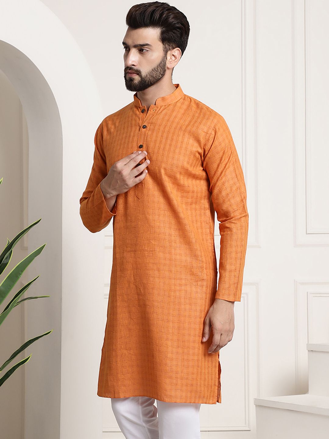 SOJANYA Men Orange Checked Straight Kurta