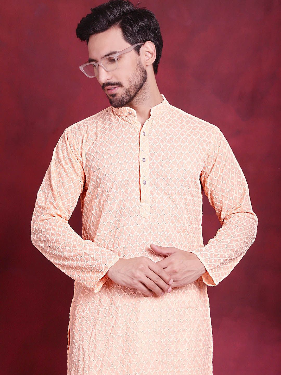 Jompers Geometric Embroidered Chikankari Band Collar Long Sleeve Collar Cotton Kurta
