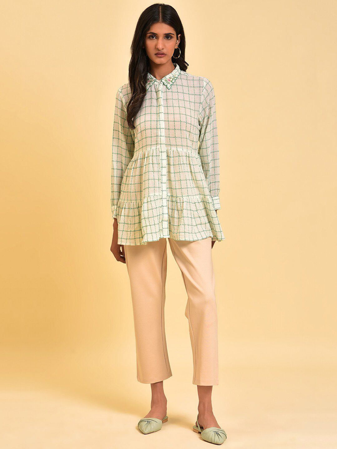 W White Checked Pure Cotton Shirt Style Top