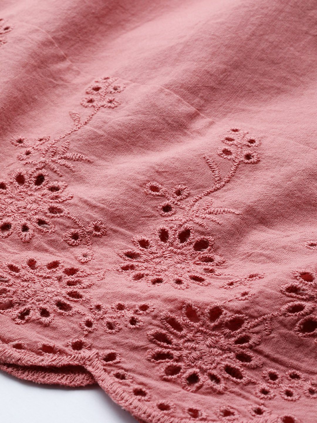 SASSAFRAS Women Dusty Pink Pure Cotton Schiffli Detail Regular Top