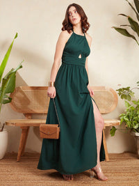 Berrylush Green Halter Neck Cut-Out Detailed Maxi Dress