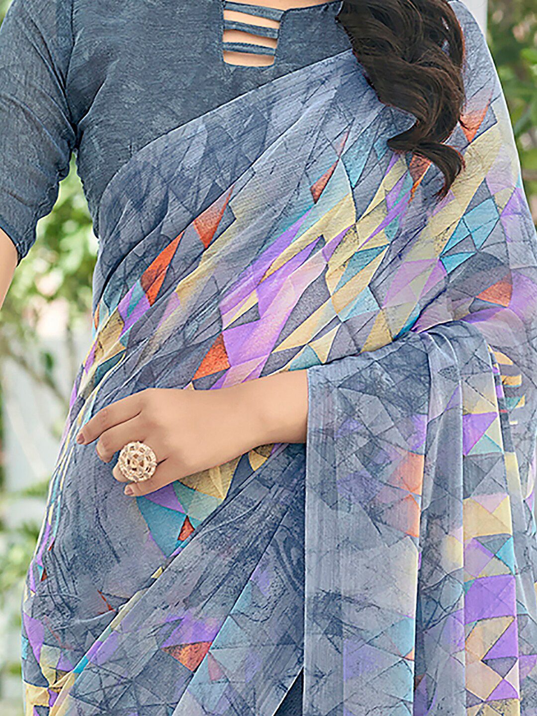 KALINI Geometric Printed Pure Chiffon Dabu Saree