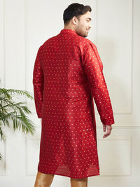 VASTRAMAY Men Plus Size Geometric Woven Design Mandarin Collar Jacquard Silk Kurta