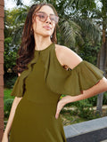 SASSAFRAS Cold-Shoulder Sleeves Ruffles A-Line Dress