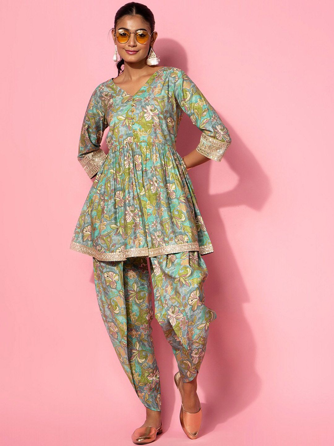 Libas Floral Printed V-Neck Tunic with Dhoti Pant
