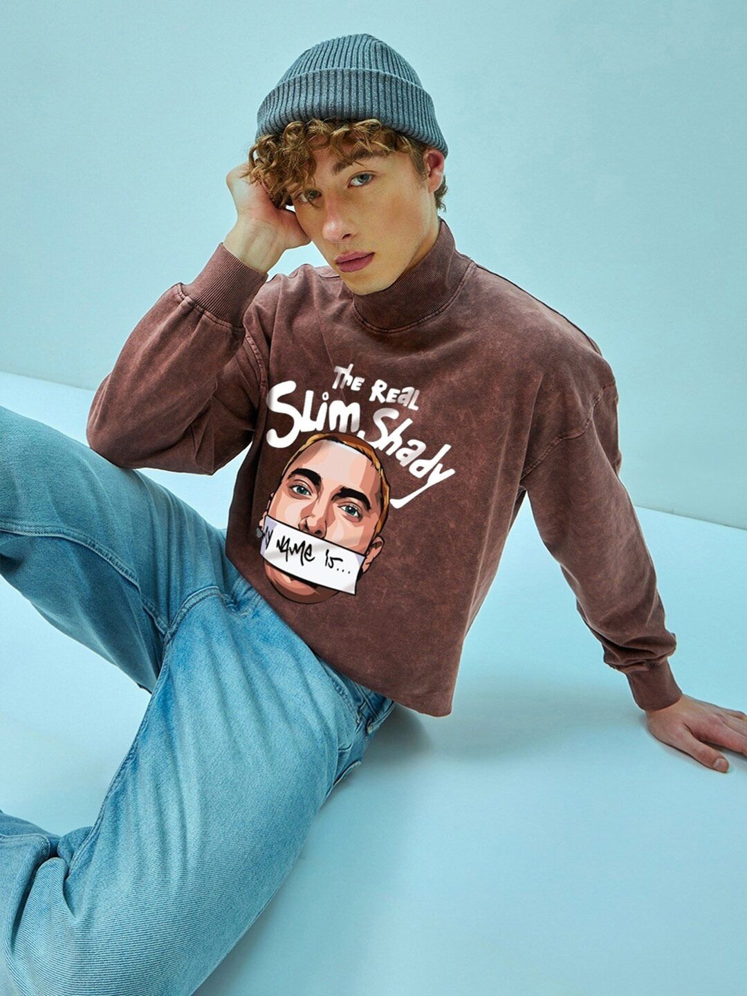 Bewakoof Maroon Real Slim Shady Printed Mock Collar Oversized Pullover Sweatshirt