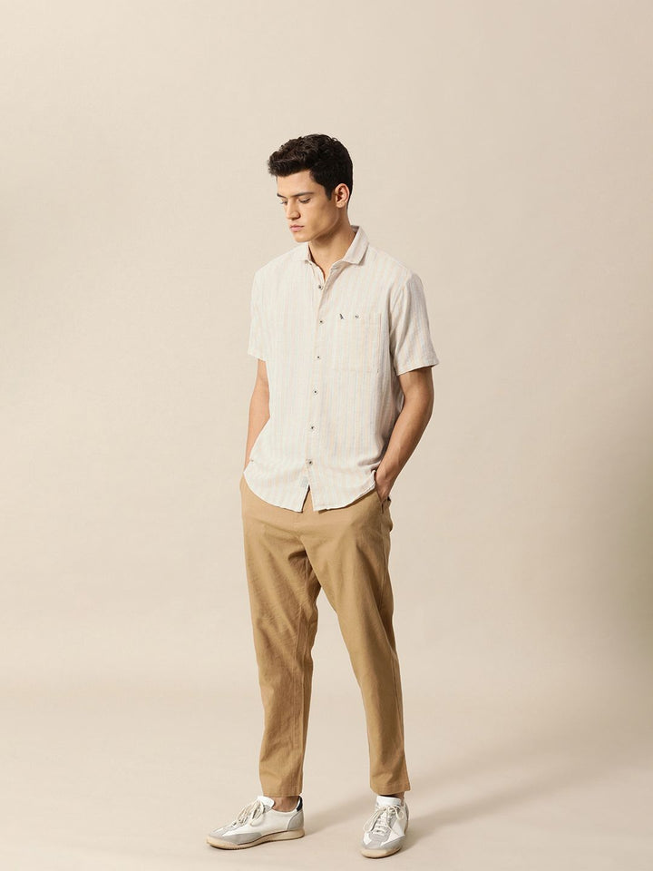 Mr Bowerbird Men Beige & White Striped Casual Shirt