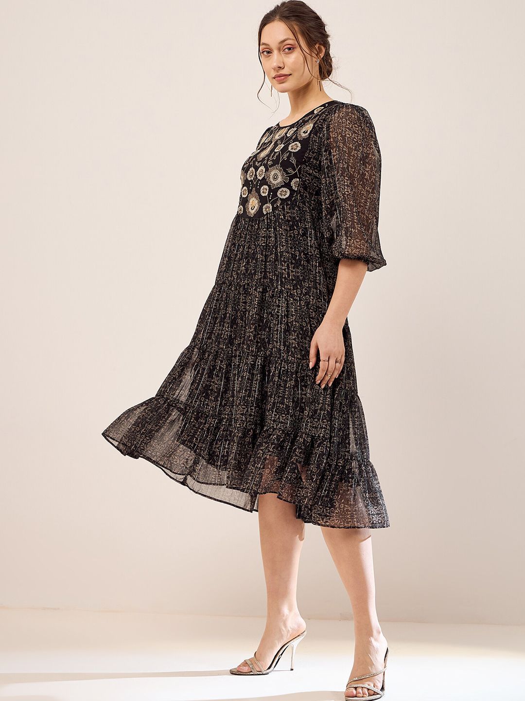 Antheaa Black Floral Printed Embroidered Puff Sleeves Chiffon Fit & Flare Midi Dress