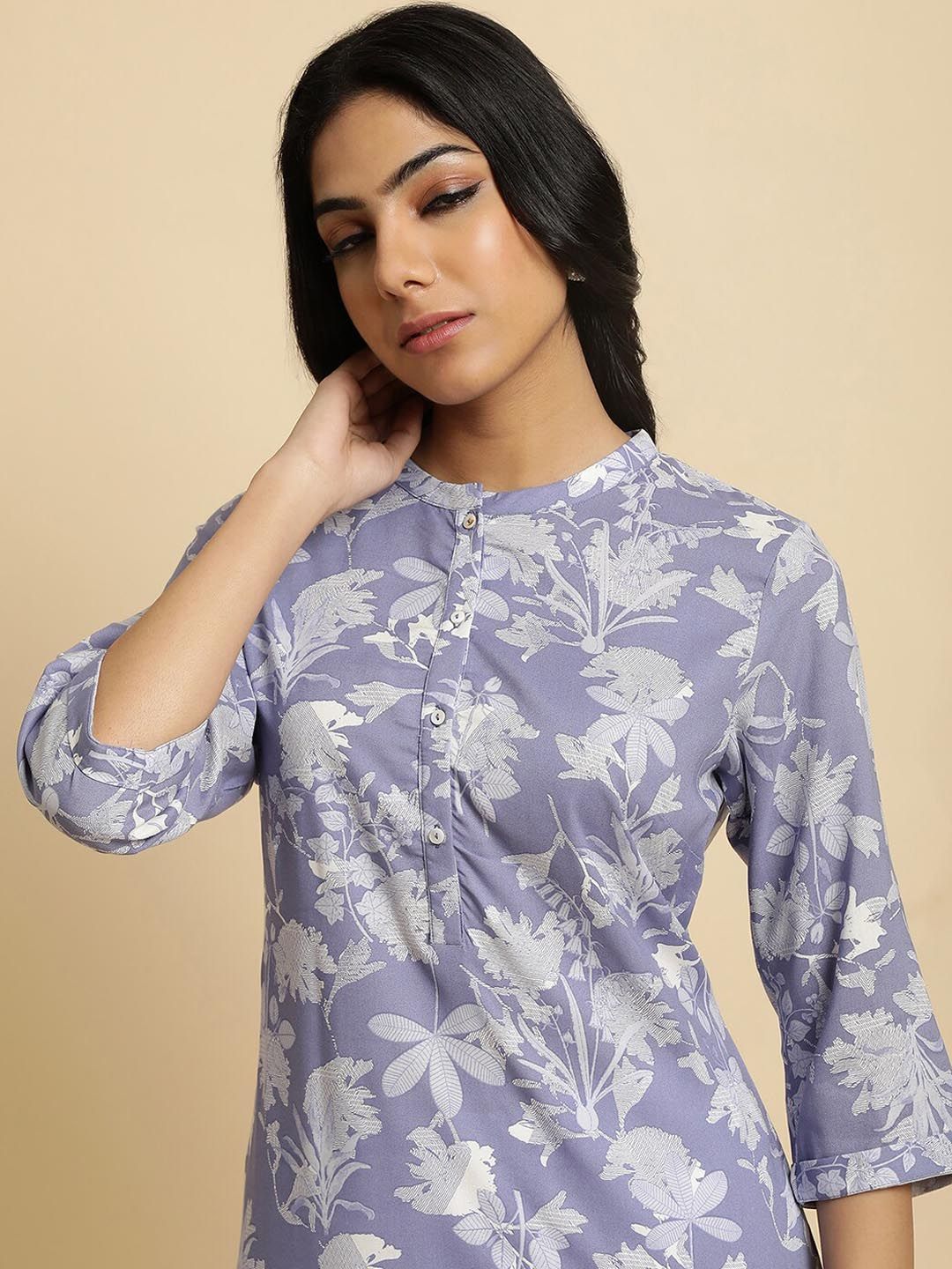 W Purple & White Floral Printed Band Collar Kurta