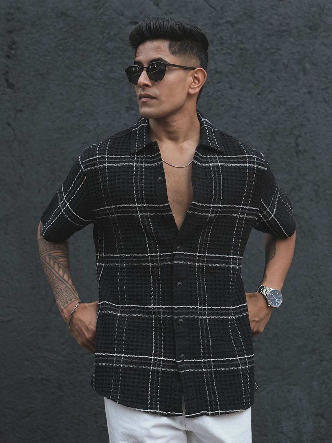 Powerlook India Slim Tartan Checks Spread Collar Short Sleeves Casual Shirt