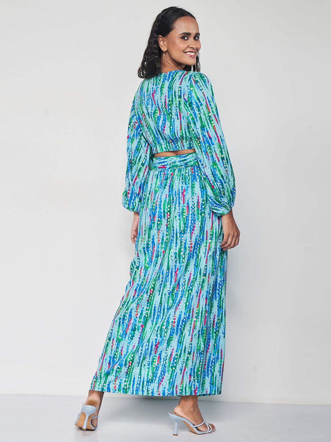 Global Desi Geometric Printed Crop Top With Maxi Skirt