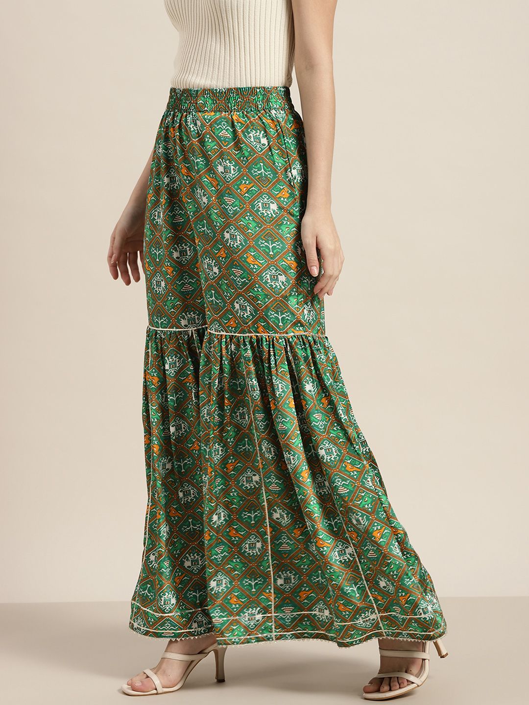 Shae by SASSAFRAS Women Green Floral Printed Flared Ethnic Palazzos