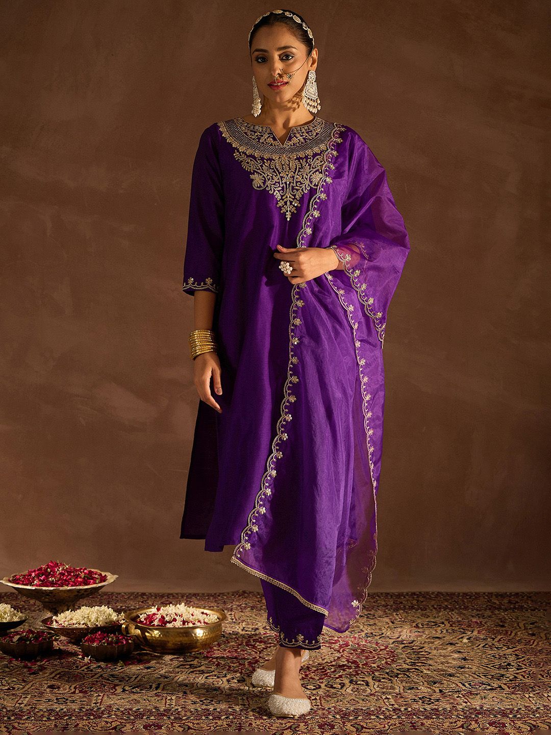Indo Era Purple Ethnic Motifs Zari Embroidered Kurta with Trousers & With Dupatta
