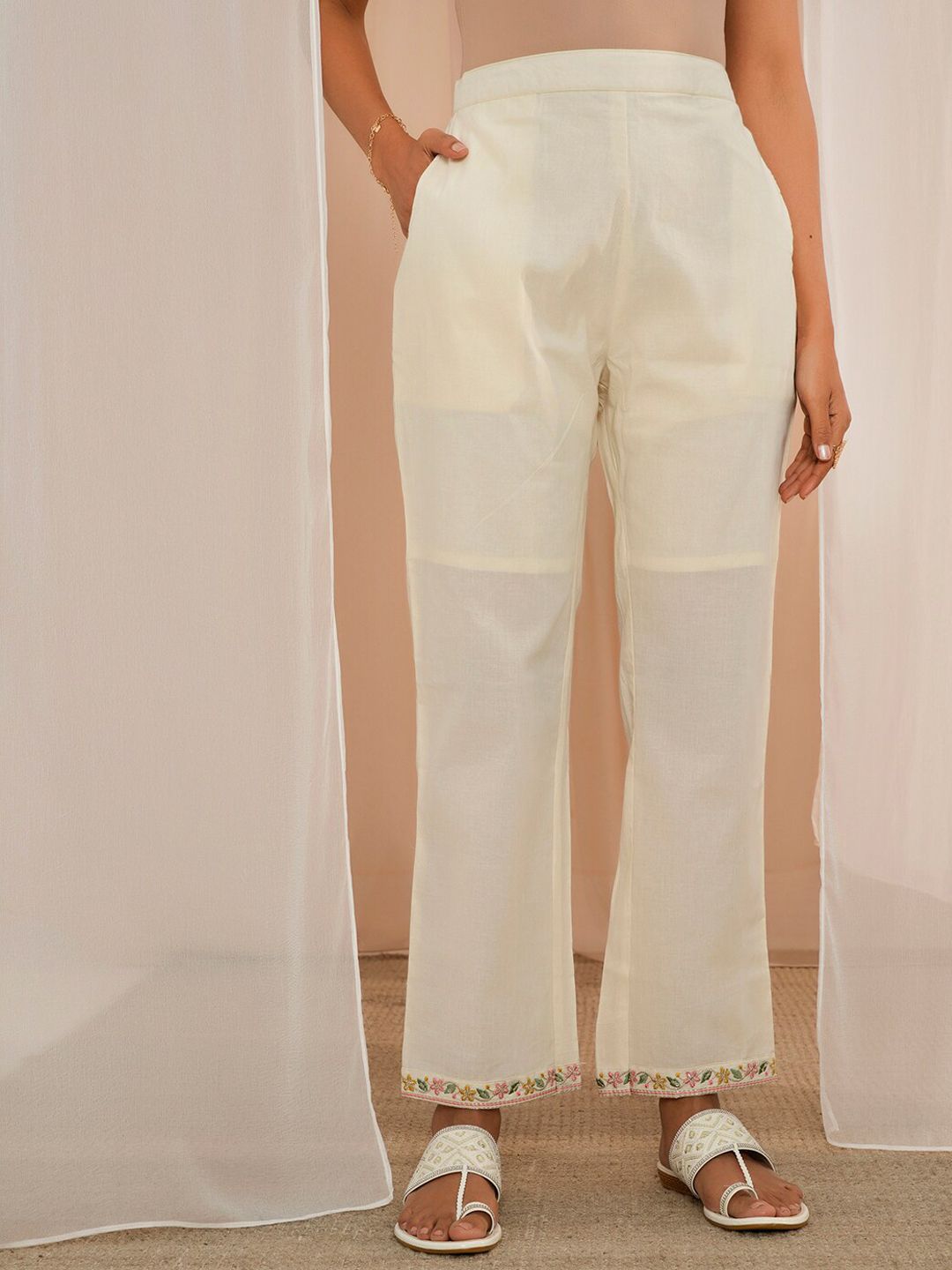 Libas Floral Yoke Design Pleated Thread Work Pure Cotton Kurta With Palazzos & Dupatta