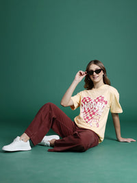 DressBerry Women Pure Cotton Graphic Printed Drop-Shoulder Sleeves T-shirt