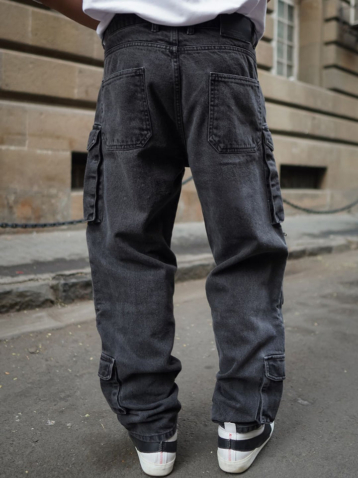 Powerlook Men Black Baggy Fit Clean Look Pure Cotton Cargo Jeans