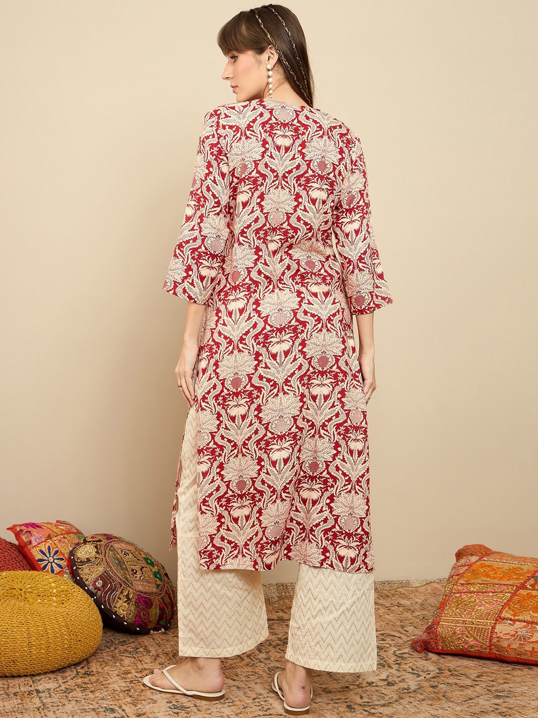 Indo Era Floral Printed Round Neck Straight Kurta